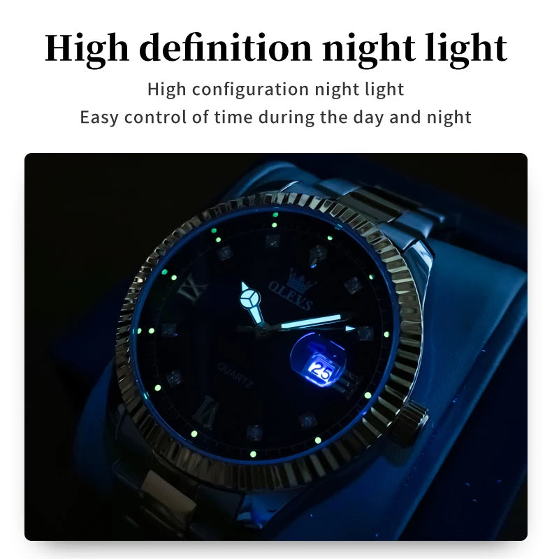 Montre de luxe pour homme OLEVS 2024 Nouvelle montre à quartz originale en acier inoxydable pour homme Date automatique Montres-bracelets de marque lumineuses et étanches