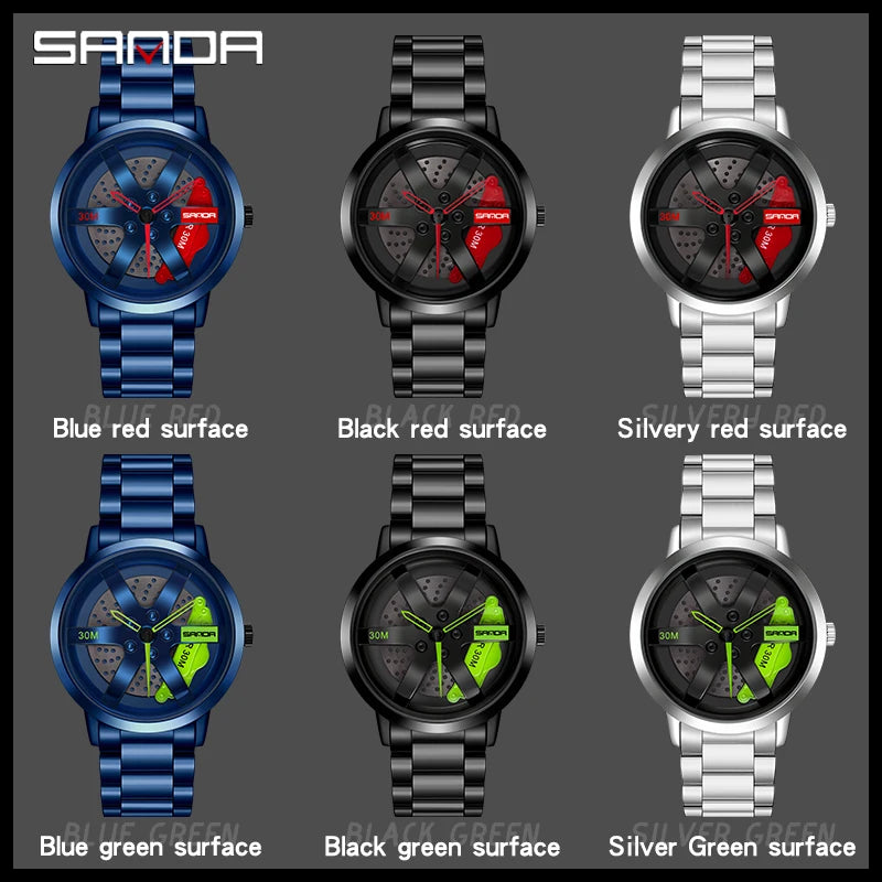 SANDA 1075 Montre-bracelet de voiture tendance pour hommes, cadran rotatif à 360 degrés, en cuir inoxydable, étanche, horloge à quartz de sport