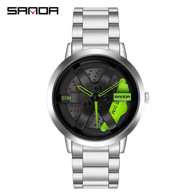 SANDA 1075 Montre-bracelet de voiture tendance pour hommes, cadran rotatif à 360 degrés, en cuir inoxydable, étanche, horloge à quartz de sport