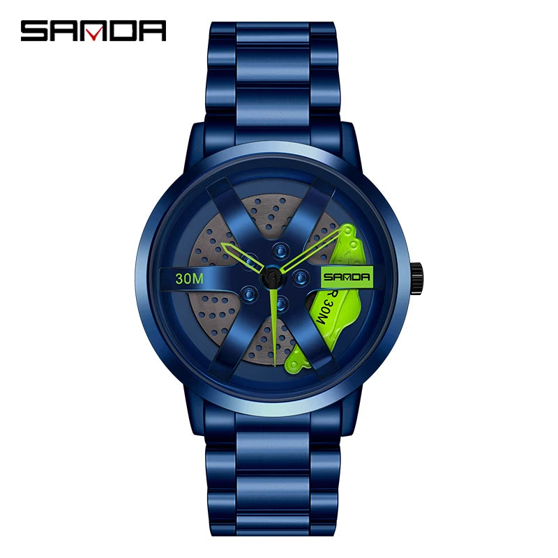 SANDA 1075 Montre-bracelet de voiture tendance pour hommes, cadran rotatif à 360 degrés, en cuir inoxydable, étanche, horloge à quartz de sport