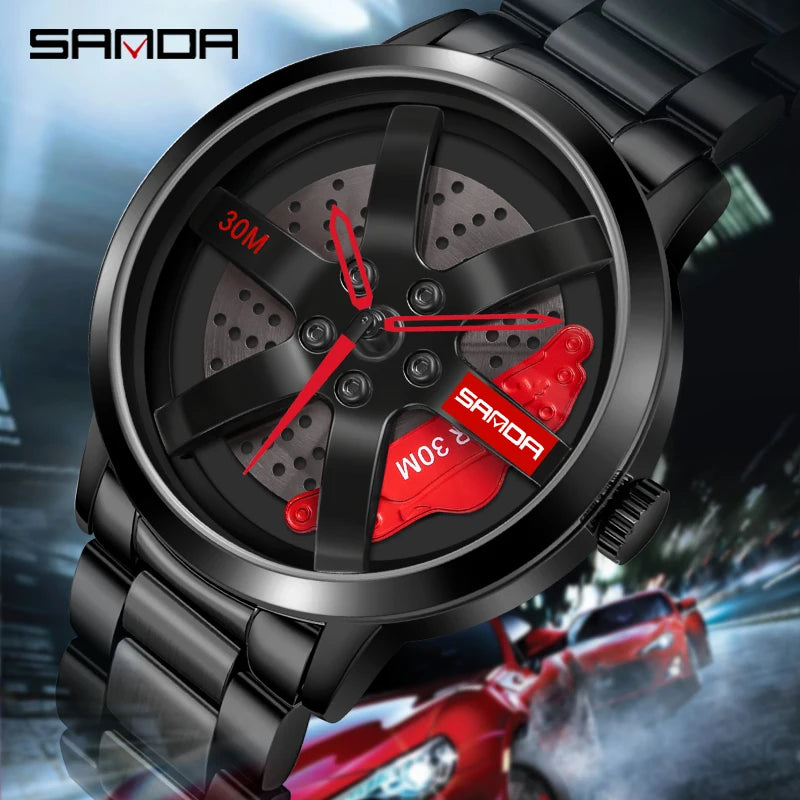 SANDA 1075 Montre-bracelet de voiture tendance pour hommes, cadran rotatif à 360 degrés, en cuir inoxydable, étanche, horloge à quartz de sport