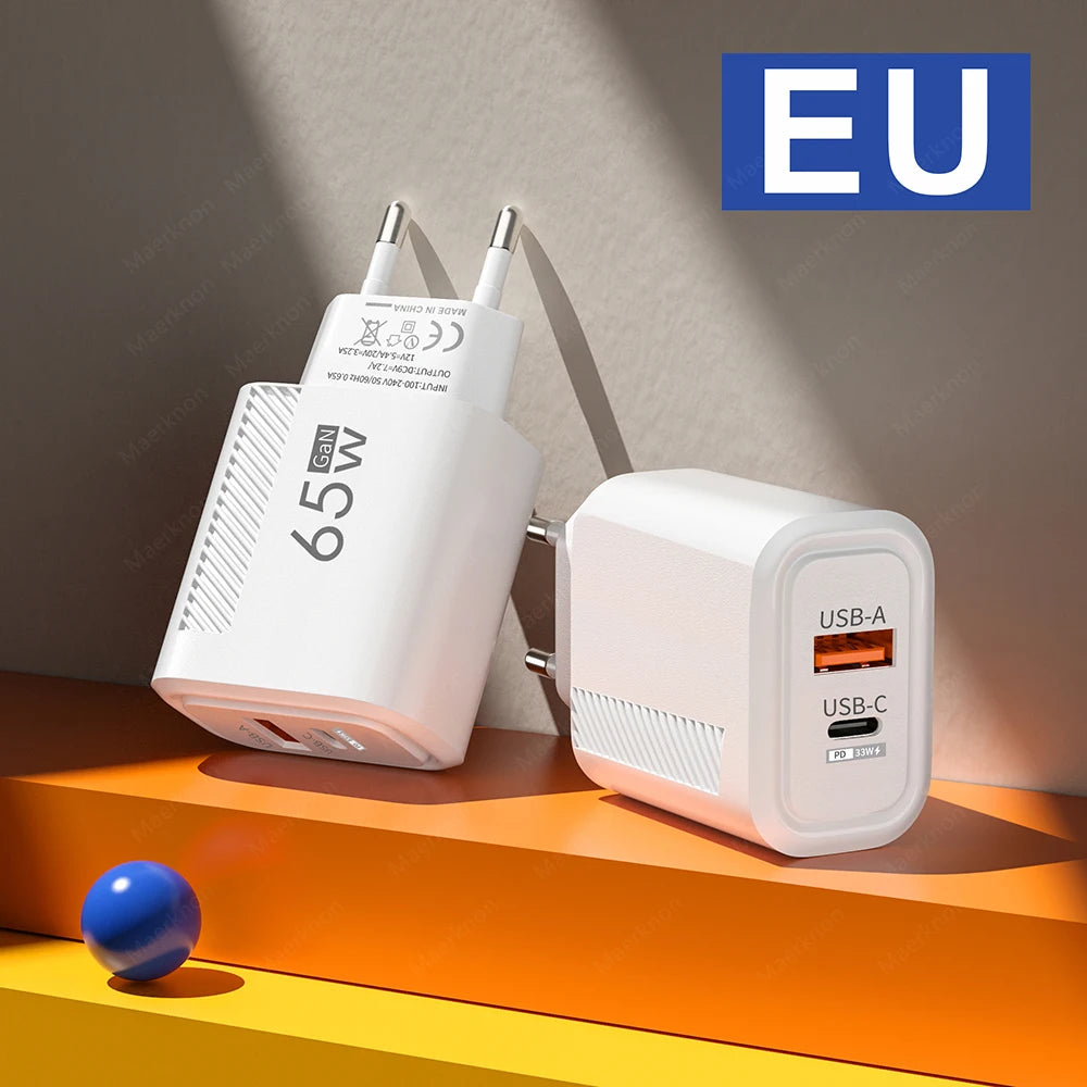 Chargeur USB C total 65 W GaN Chargeur mural à charge rapide pour iPhone Samsung Xiaomi Adaptateur de chargeur de téléphone à charge rapide UE/US