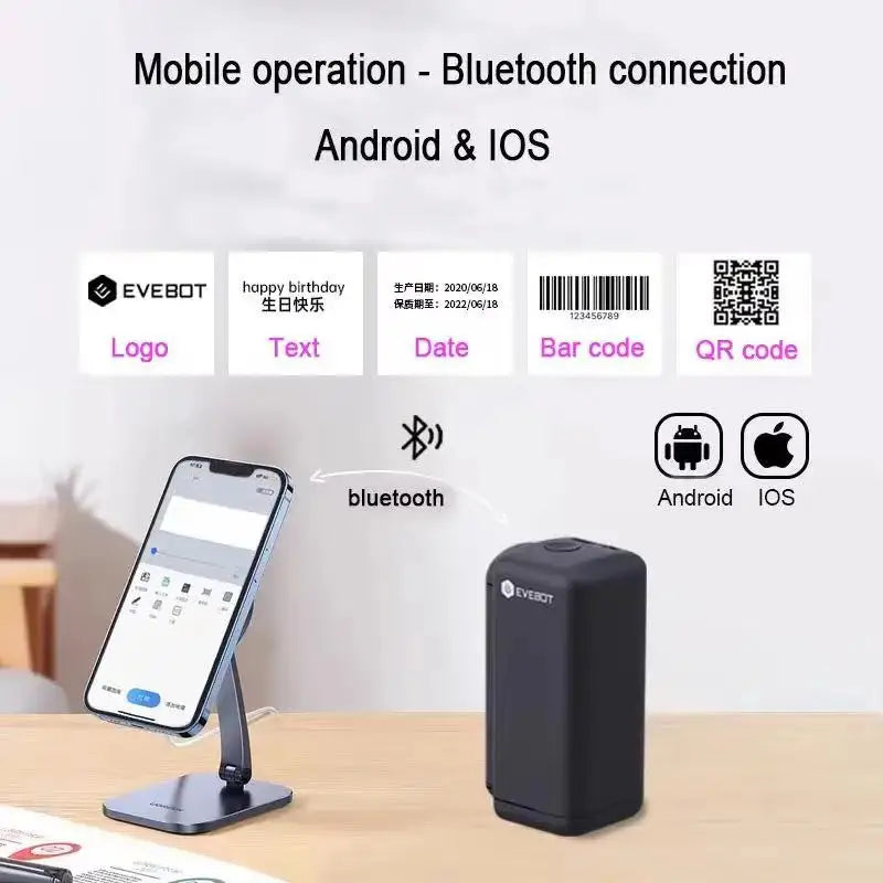 Imprimante portable EVEBOT Mini imprimante à jet d'encre portable Cartouche d'encre à séchage rapide Connexion Bluetooth pour logo DIY personnalisé