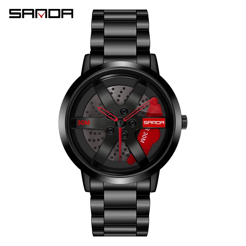 SANDA 1075 Montre-bracelet de voiture tendance pour hommes, cadran rotatif à 360 degrés, en cuir inoxydable, étanche, horloge à quartz de sport