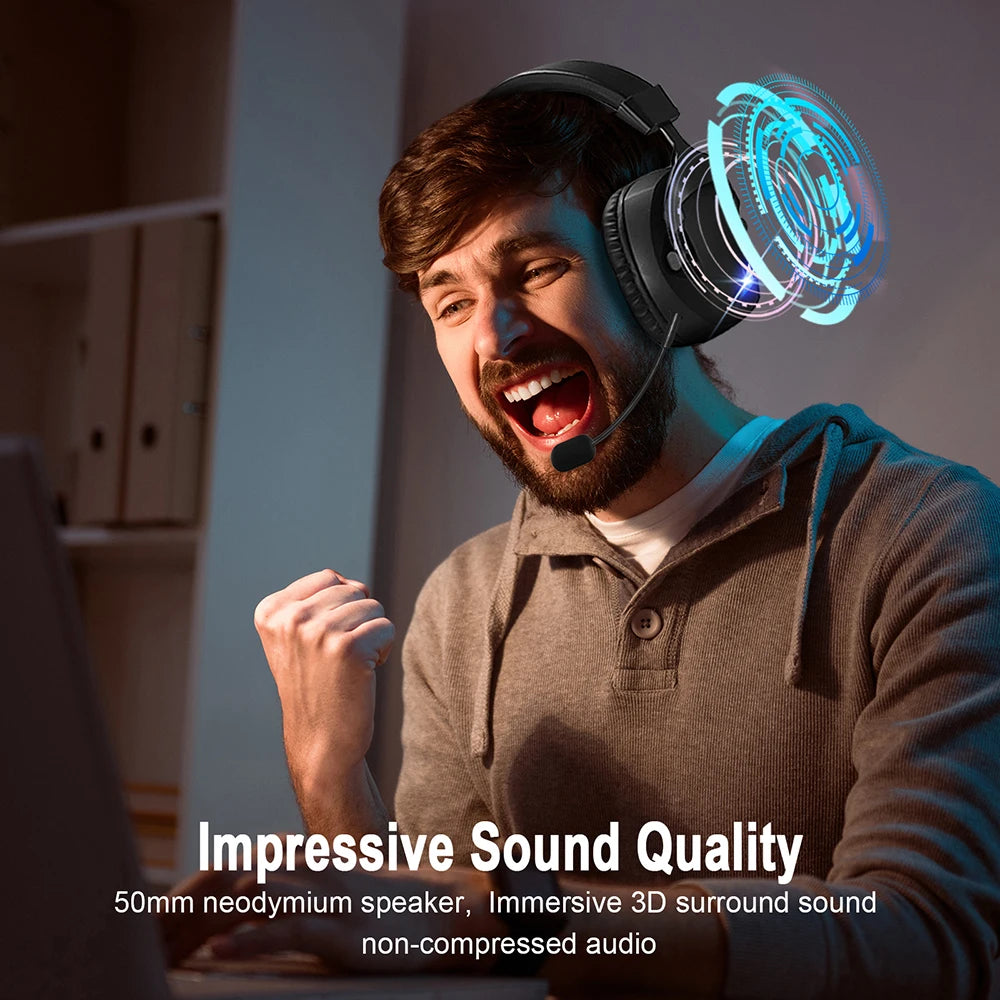 Tri-Mode Wired 2.4G Wireless Bluetooth Headphone with Noise-Cancelling Microphone Colorful LED Light Gaming Headset For PC Gamer