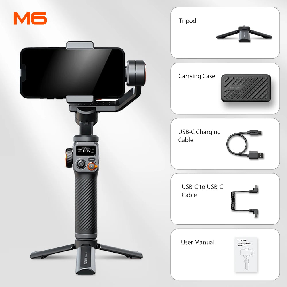 Kit Hohem-iSteady M6 Gimbal pour smartphone, stabilisateur 3 axes, AI Tracker, Fill Light, pour iPhone 15 Pro Max et Android