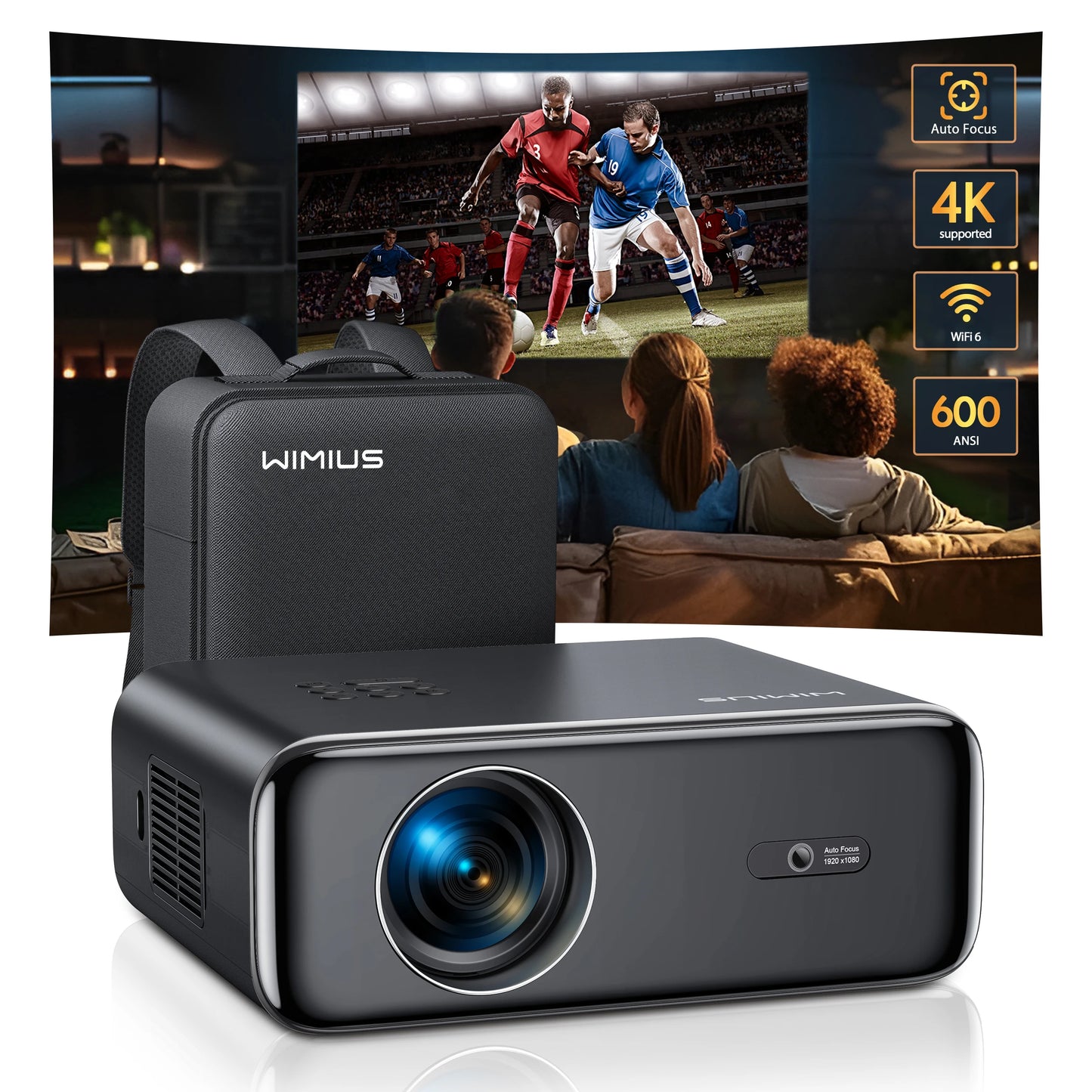 WiMiUS Auto Focus/4K Support Native 1080P Projector with WiFi 6 and Bluetooth 5.2 600ANSI Outdoor Home Projector 6D Keystone