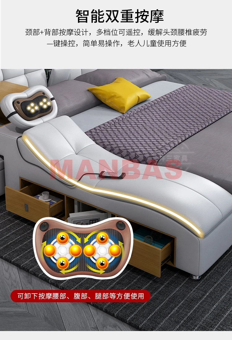 Genuine Leather Tech Smart Bed Multifunctional Beds Frame Ultimate Tatami Lit Massage Camas with Bluetooth,Speaker,Projector,Min