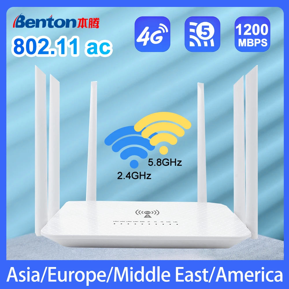 Benton VPN 4G LTE Router Dual Band WiFi 2.4GHz 5.8GHz 1200Mbps 4G SIM WiFi5 Router WiFi Repeater 4G SIM Card for Korea Europe