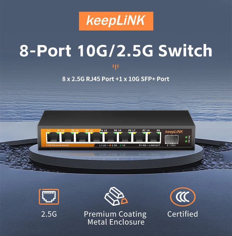 Commutateur géré multi-Gigabit KeepLink à 9 ports avec 8 ports RJ45 2,5 Gb et 1 port 10G SFP+