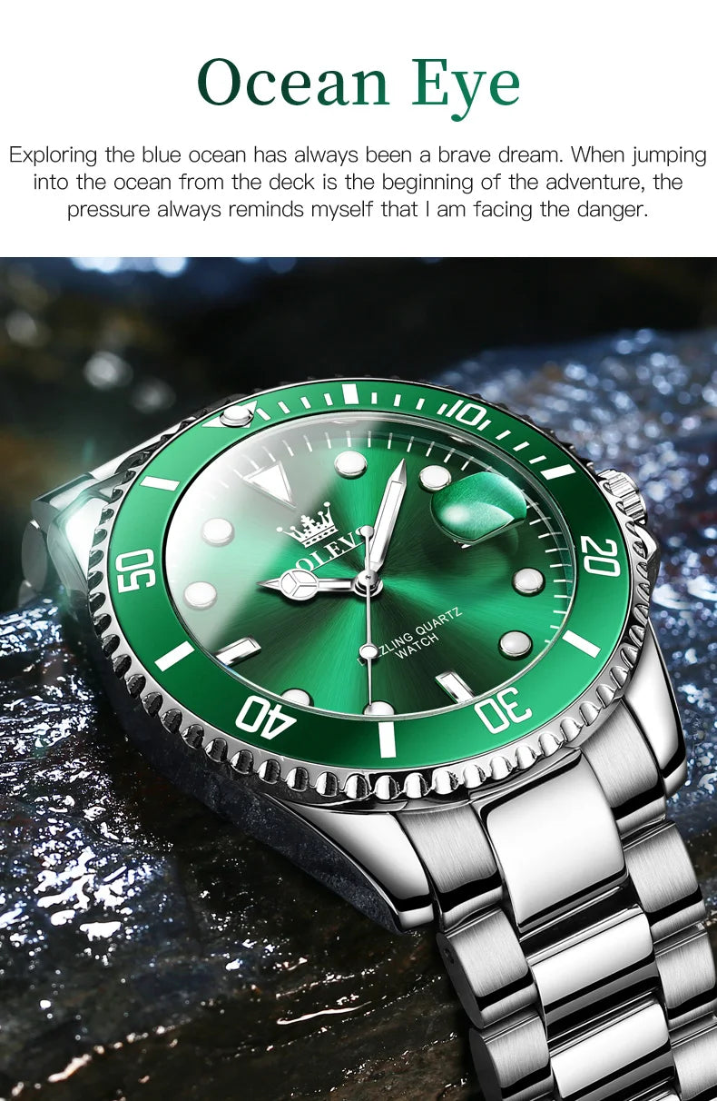 OLEVS Top Original Men Quartz Watch Green Waterproof Watch for Men Stainless Steel Quartz Men Luxury Watch Luminous Wristwatch