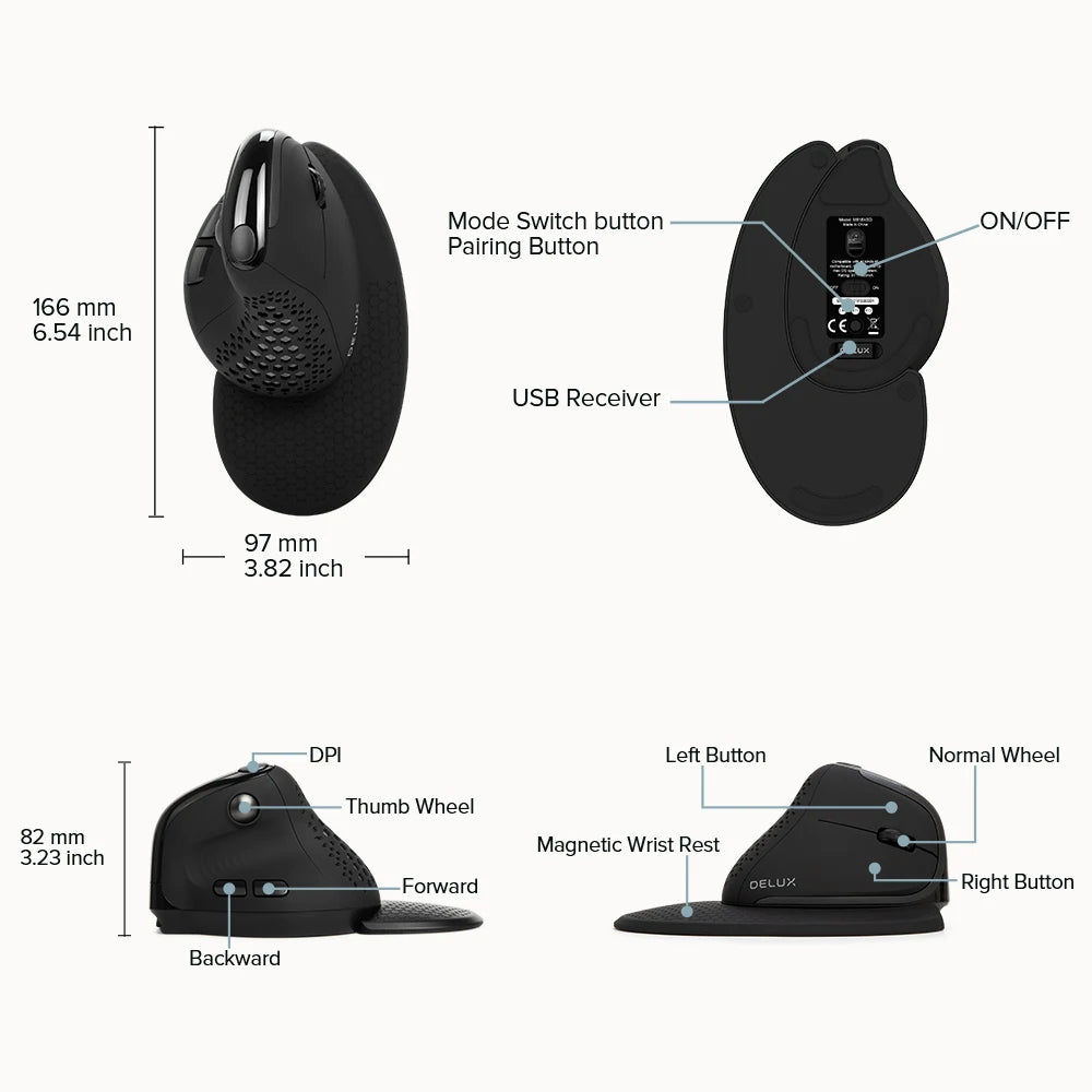 Delux M618XSD Seeker Ergonomic Vertical Mouse with OLED Screen 4000DPI Rechargeable 1000mA Removable Back Cover For Computer