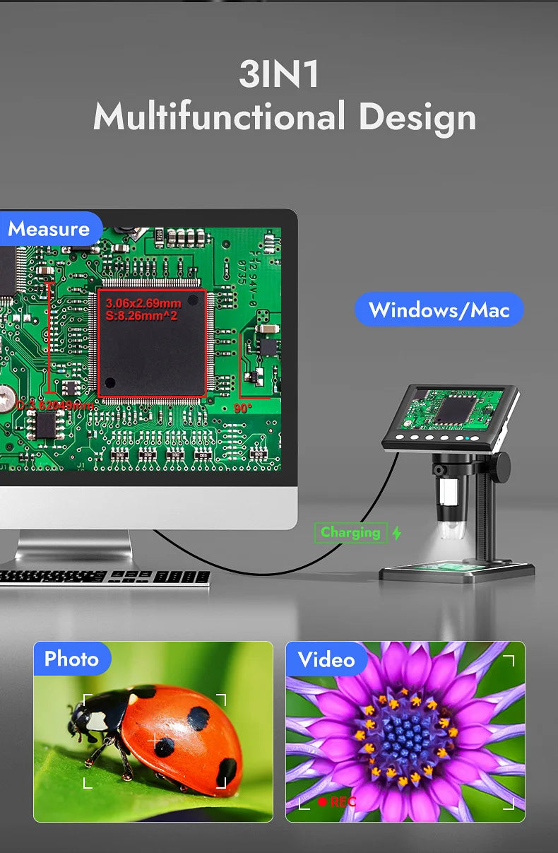 Hayve 4.3'' Digital Microscope 1600X USB Microscope 1080p Soldering Microscope with 8 LEDs Compatible with Windows/Mac OS (DM7)