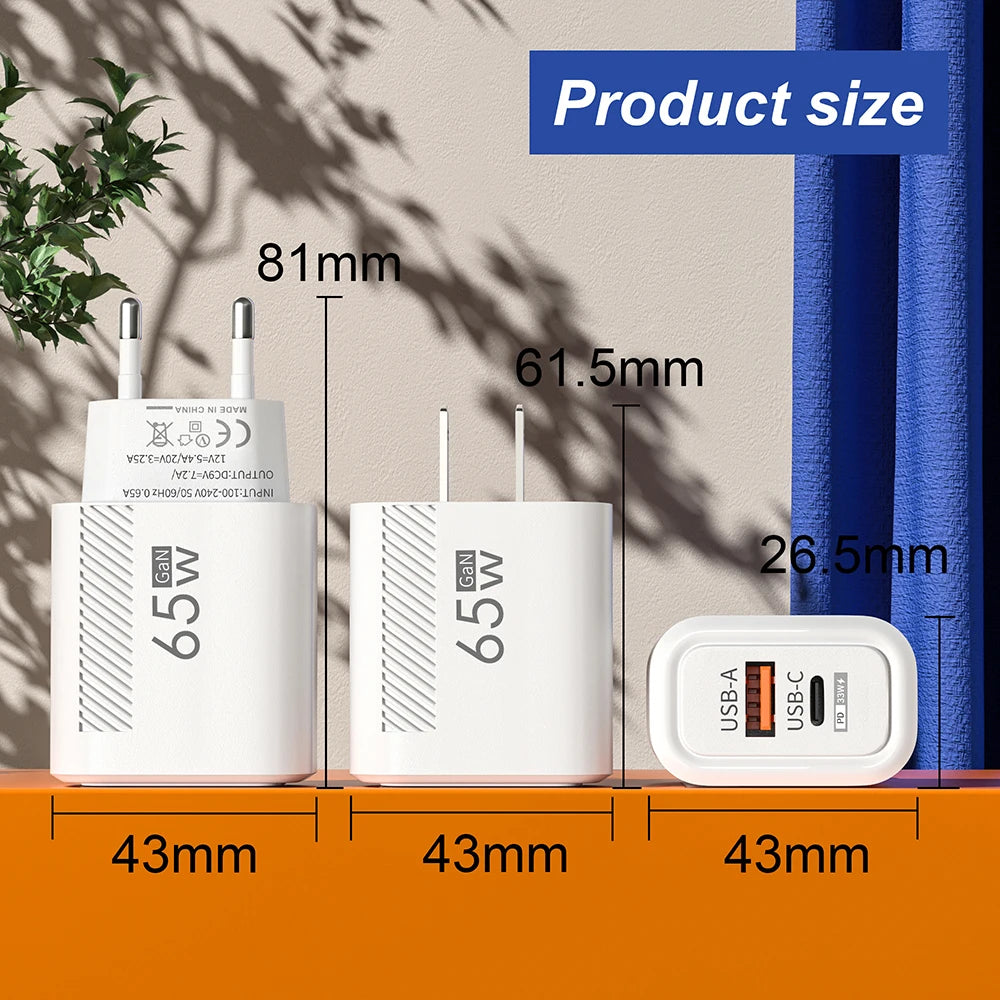 Chargeur USB C total 65 W GaN Chargeur mural à charge rapide pour iPhone Samsung Xiaomi Adaptateur de chargeur de téléphone à charge rapide UE/US