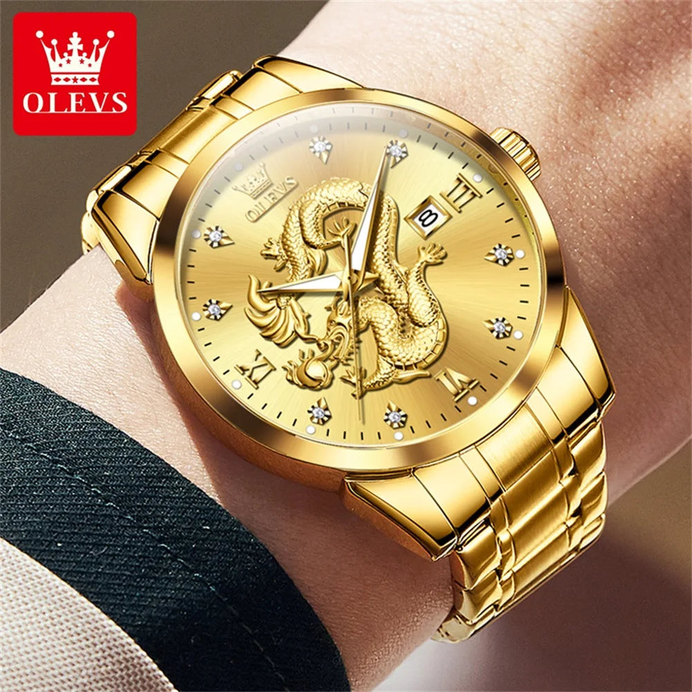 OLEVS New Dragon Watch Homme Acier Inoxydable Étanche Date Automatique Échelle De Diamant Montres-Bracelets Montre À Quartz De Luxe Originale pour Hommes