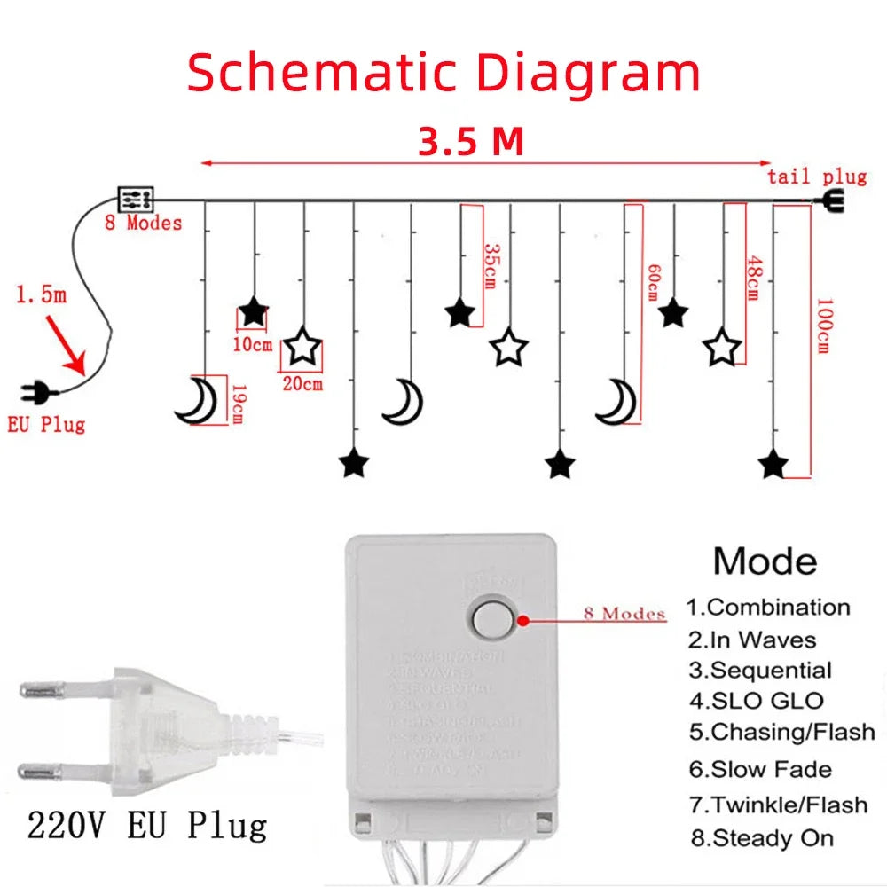 Guirlande lumineuse LED 110 V 220 V, guirlande lumineuse de Noël, étoile, lune, rideau, extérieur, intérieur, pour la maison, fête de mariage, décoration du Nouvel An