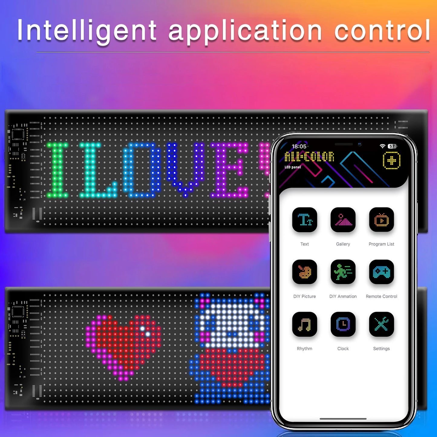 Panneau de pixels à matrice LED pour voiture, éclairage RVB, graffiti, panneau de texte défilant, écran publicitaire pour pare-brise, contrôle par application Bluetooth