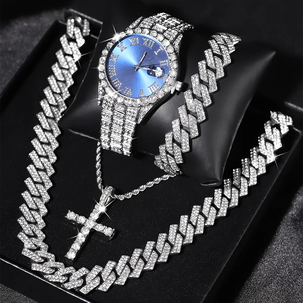 Ensemble de 4 montres-bracelets Bling pour hommes et collier à chaîne cubaine Hip Hop - Accentué de strass, cadran rond, mouvement à quartz électronique