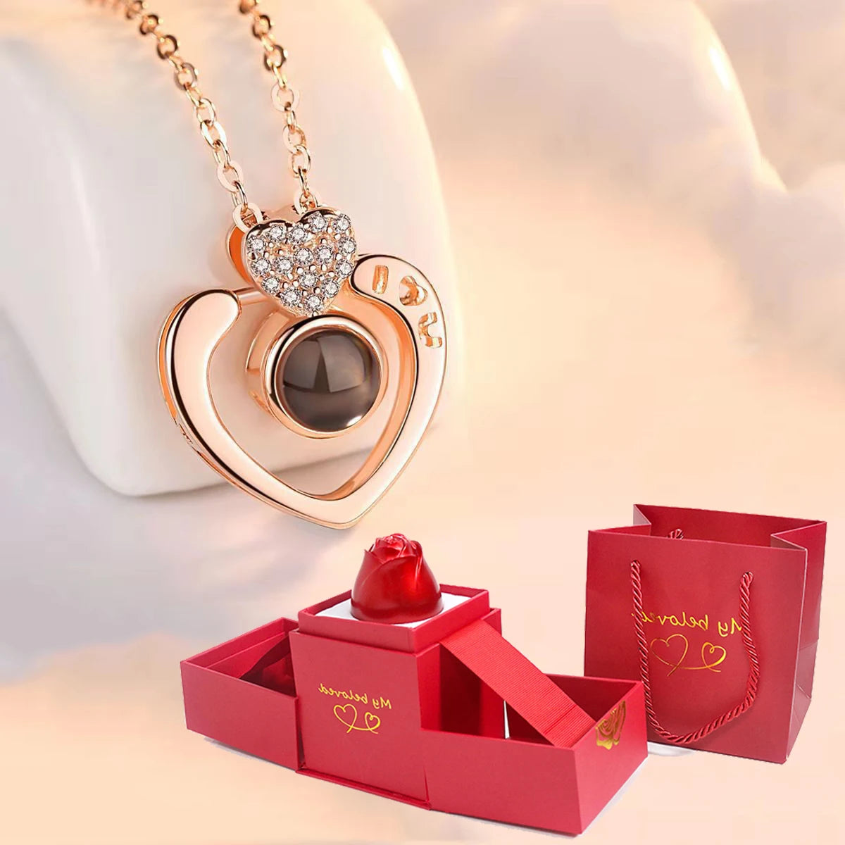 Collier de projection d'amour avec coffret cadeau rose exquis Pendentif I Love You en 100 langues 2023 Nouveauté dans la livraison directe de bijoux romantiques