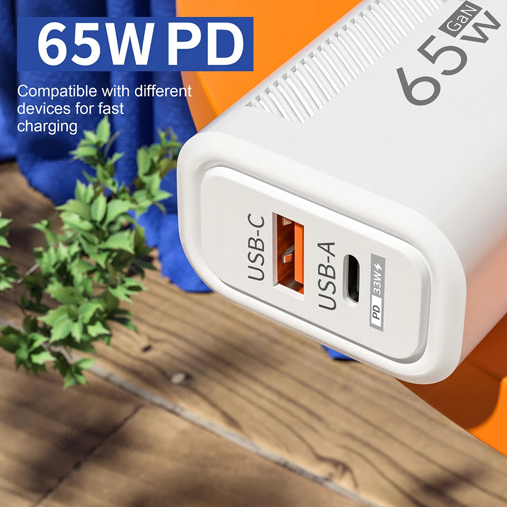 Chargeur USB C total 65 W GaN Chargeur mural à charge rapide pour iPhone Samsung Xiaomi Adaptateur de chargeur de téléphone à charge rapide UE/US