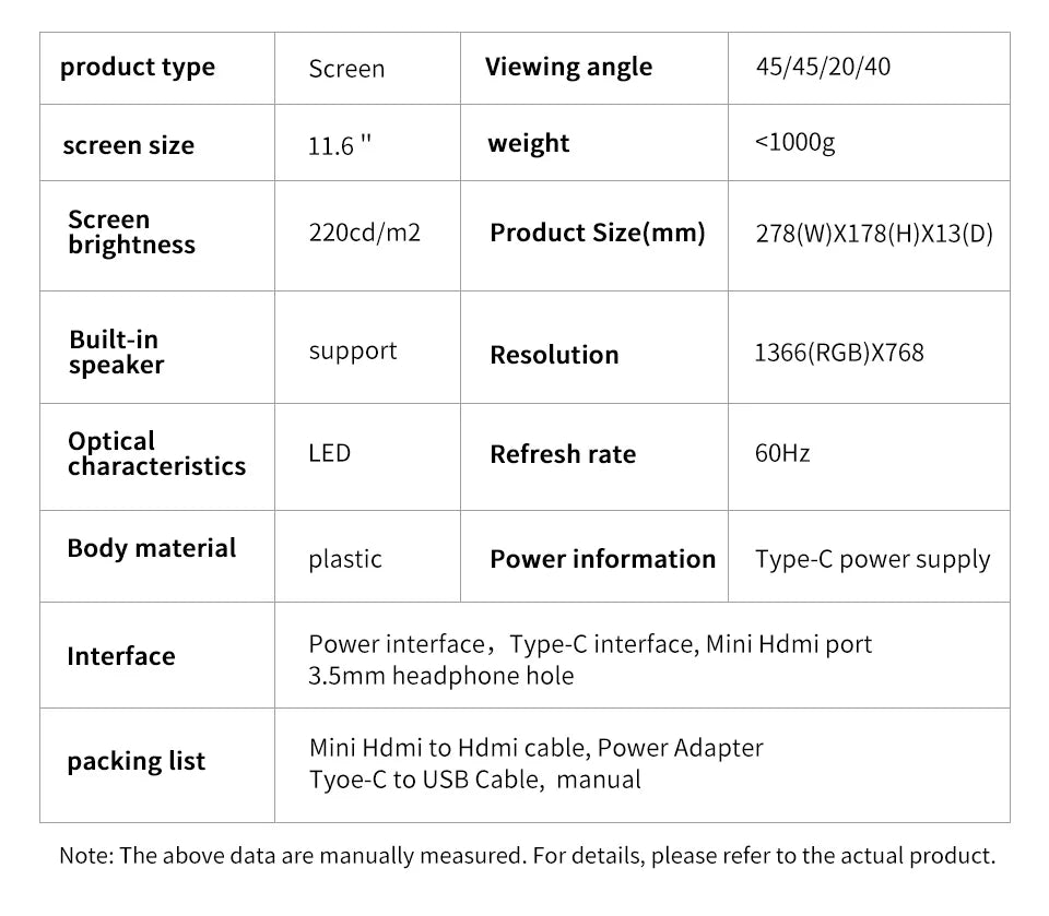 Moniteur portable 11,6 pouces compatible HDMI pour ordinateur portable, deuxième écran de jeu étendu pour Switch/PS4/Xbox/Raspberry Pi