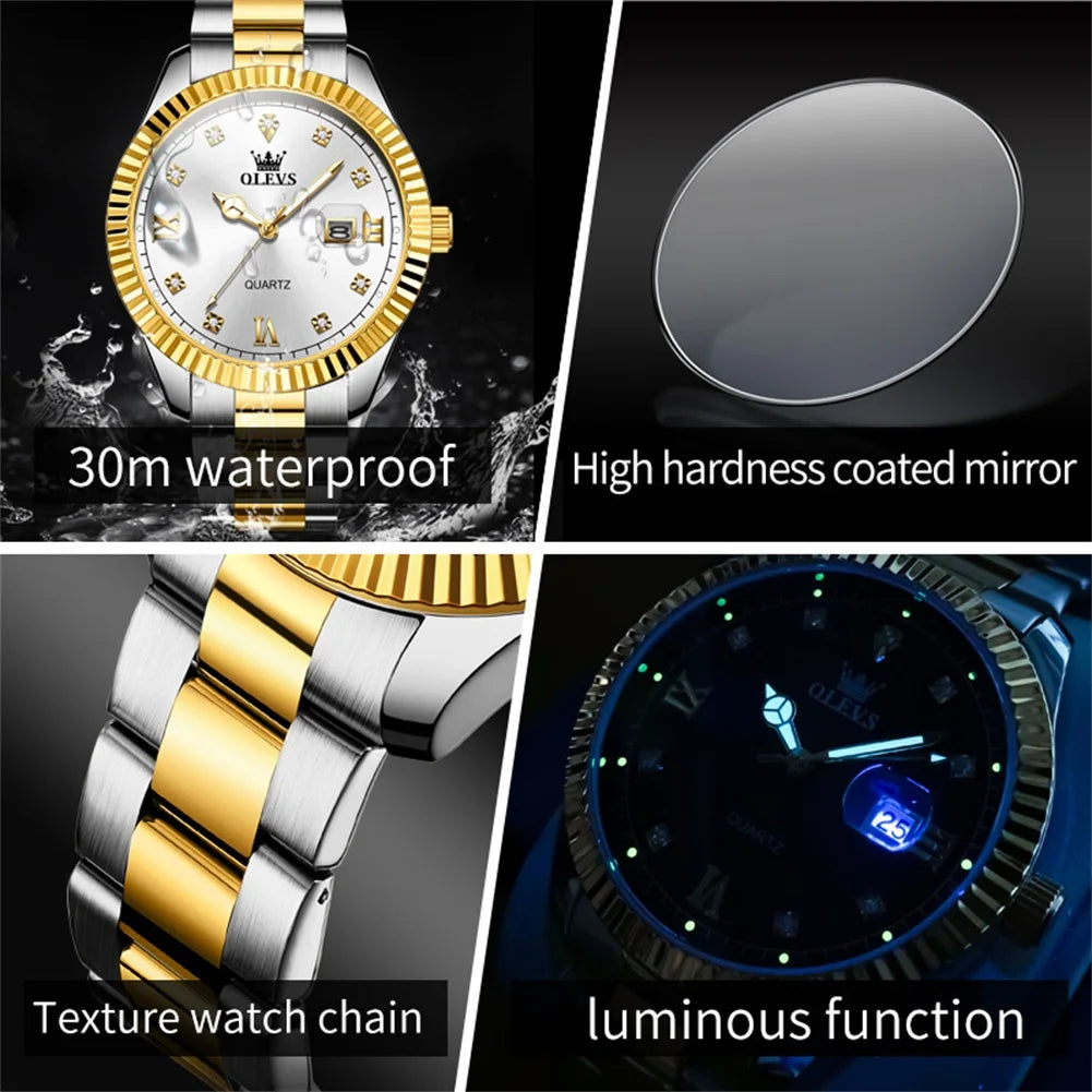 Montre de luxe pour homme OLEVS 2024 Nouvelle montre à quartz originale en acier inoxydable pour homme Date automatique Montres-bracelets de marque lumineuses et étanches