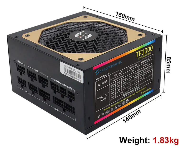 T.F.SKYWINDINTL NEW Gold 1000W Computer TF1000 Full Modular PC Power Supply Medal Active PFC ATX