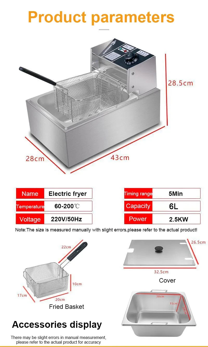 Friteuse électrique en acier inoxydable Friteuse électrique commerciale Friteuse domestique Poêle à frites Machine de fabrication de frites 6L EU