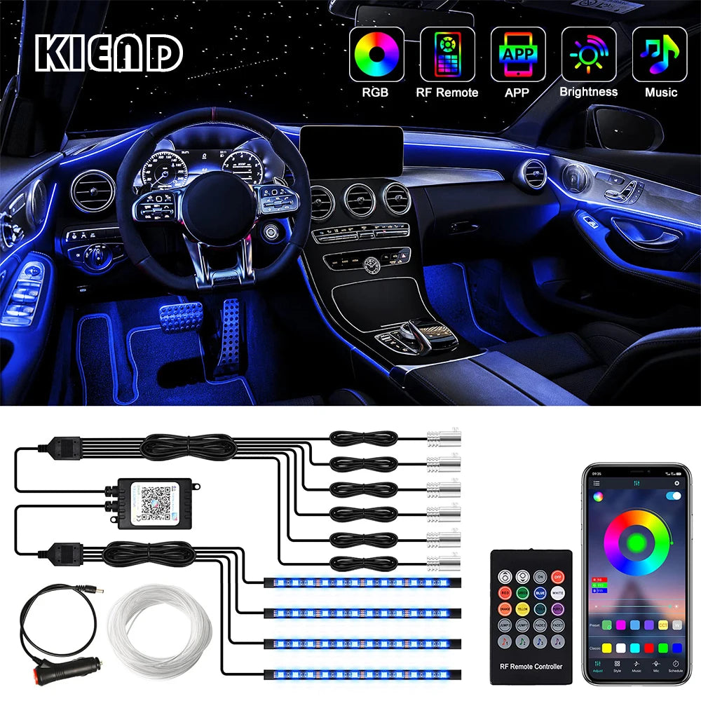 Neon Car LED Interior Ambient Lights 315 Inch Fiber Optic RGB Strip USB APP Remote Sound Control Auto Atmosphere Decorative Lamp