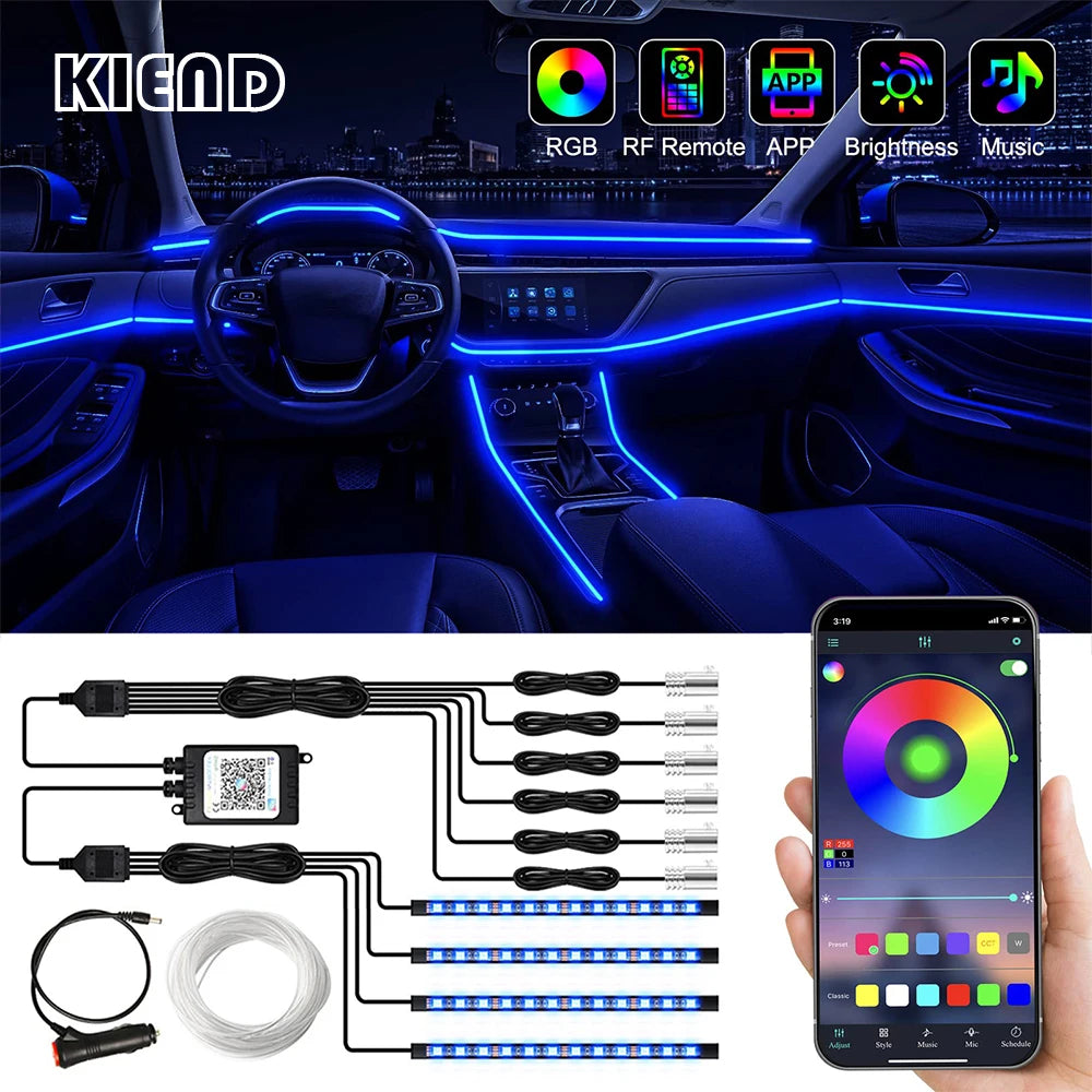 Neon Car LED Interior Ambient Lights 315 Inch Fiber Optic RGB Strip USB APP Remote Sound Control Auto Atmosphere Decorative Lamp