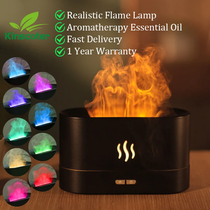 KINSCOTER Diffuseur d'arômes Humidificateur d'air à ultrasons Brumisateur à brume fraîche Brumisateur LED Diffuseur de lampe à flamme d'huile essentielle