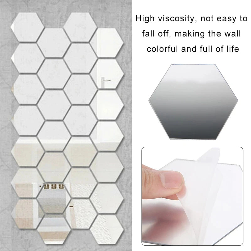 3D Hexagon Mirror Wall Stickers DIY Wall Mirrors Sticker Removable Self Adhesive Aesthetic Mosaic Tiles Decals Home Decoration