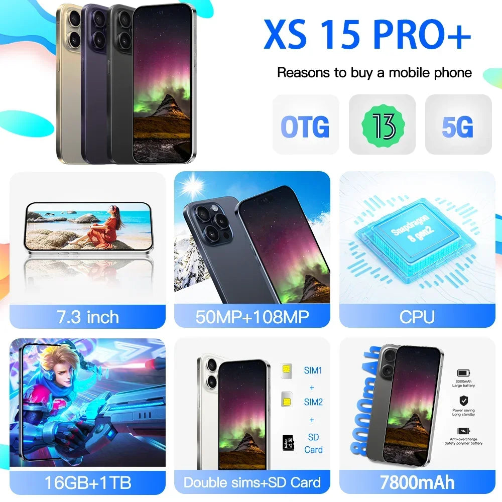 Original pour tout nouveau smartphone XS15 Pro + 7,3 pouces plein écran 4G 5G téléphone portable 7800mAh téléphones mobiles version mondiale