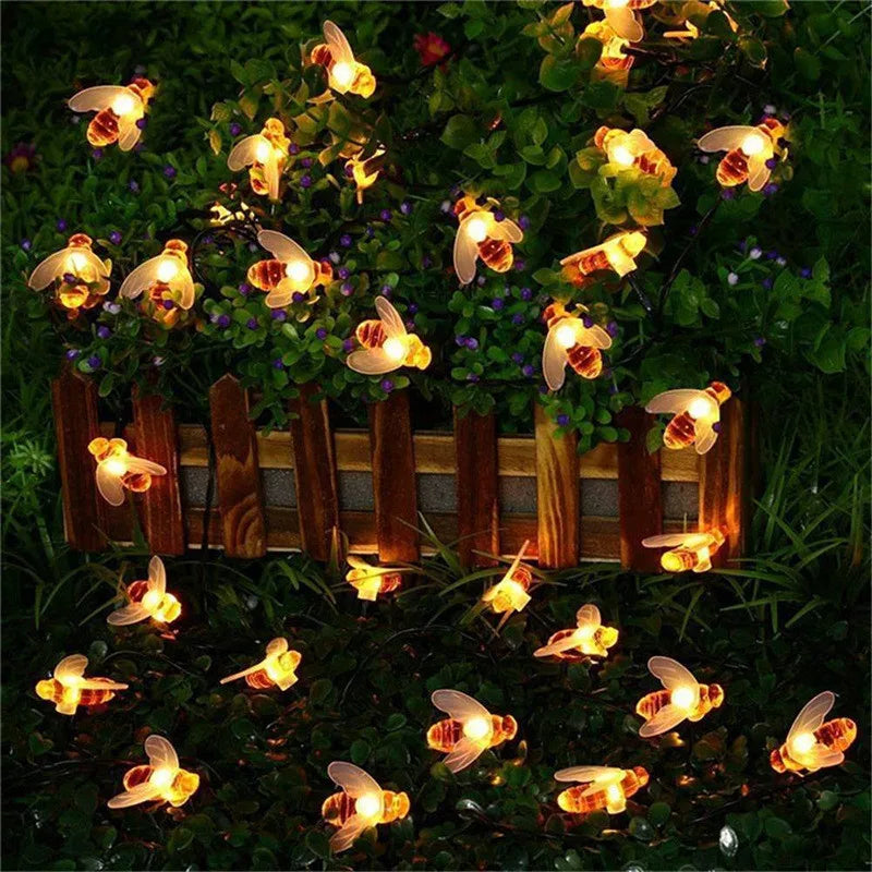 Guirlande lumineuse solaire à LED en forme d'abeille mignonne, 20 LED, 30 LED, pour extérieur, jardin, clôture, patio, Noël