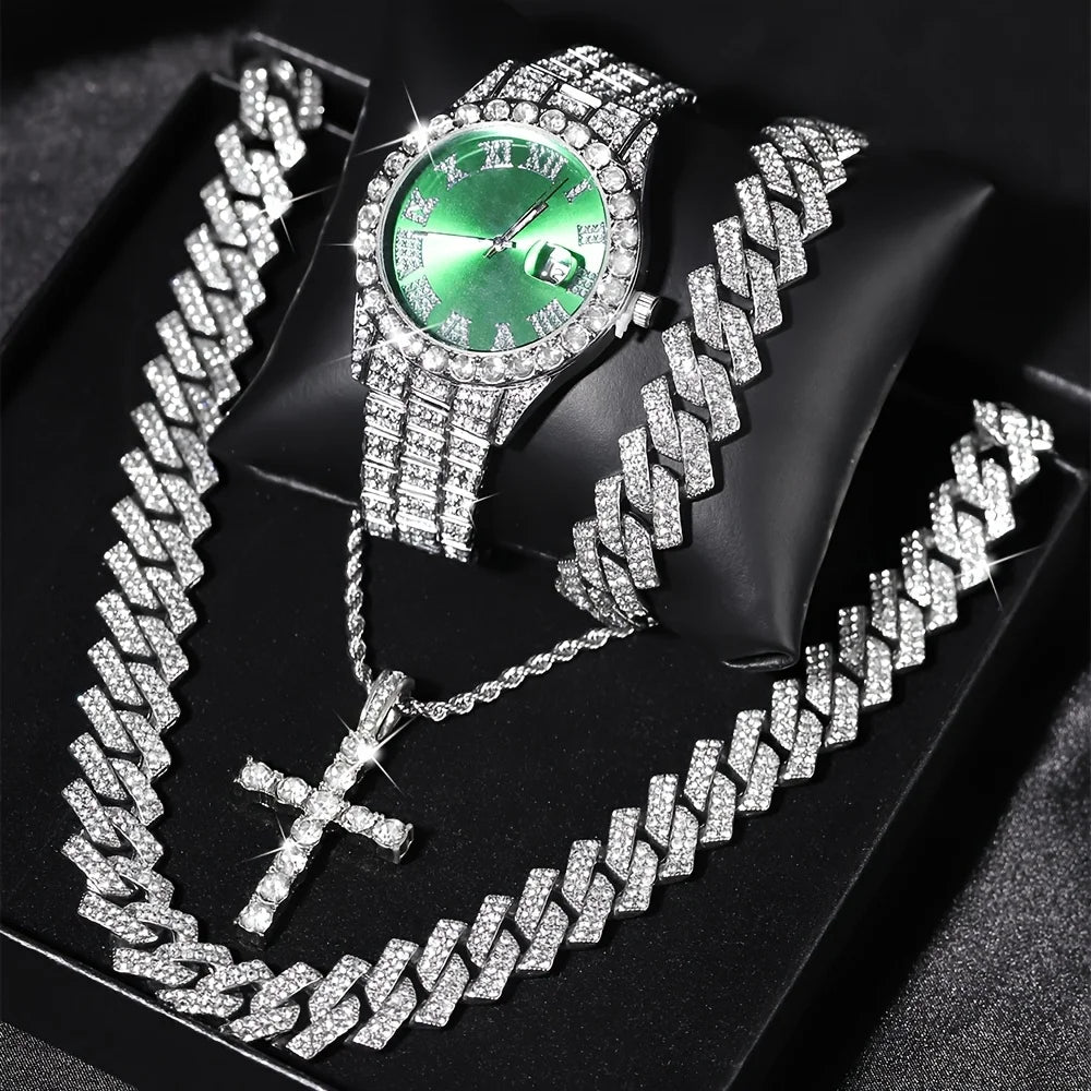 Ensemble de 4 montres-bracelets Bling pour hommes et collier à chaîne cubaine Hip Hop - Accentué de strass, cadran rond, mouvement à quartz électronique