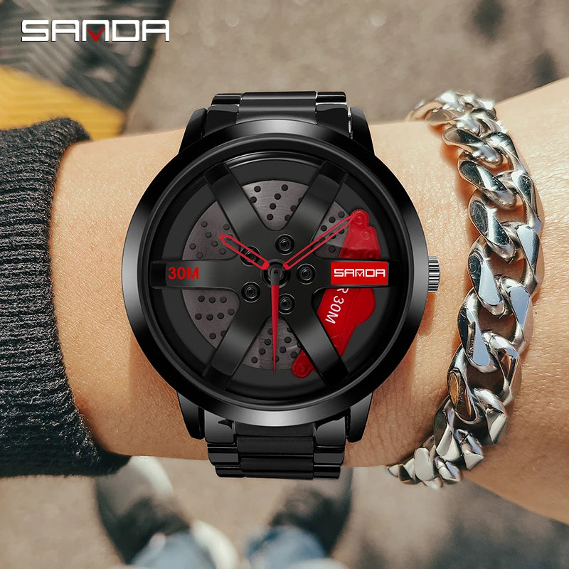 SANDA 1075 Montre-bracelet de voiture tendance pour hommes, cadran rotatif à 360 degrés, en cuir inoxydable, étanche, horloge à quartz de sport