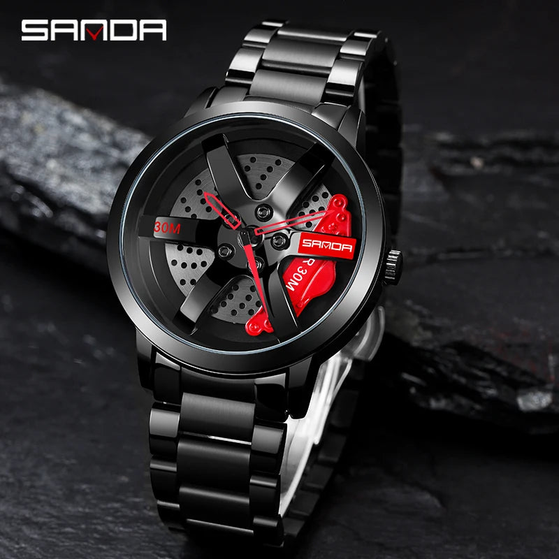 SANDA 1075 Montre-bracelet de voiture tendance pour hommes, cadran rotatif à 360 degrés, en cuir inoxydable, étanche, horloge à quartz de sport