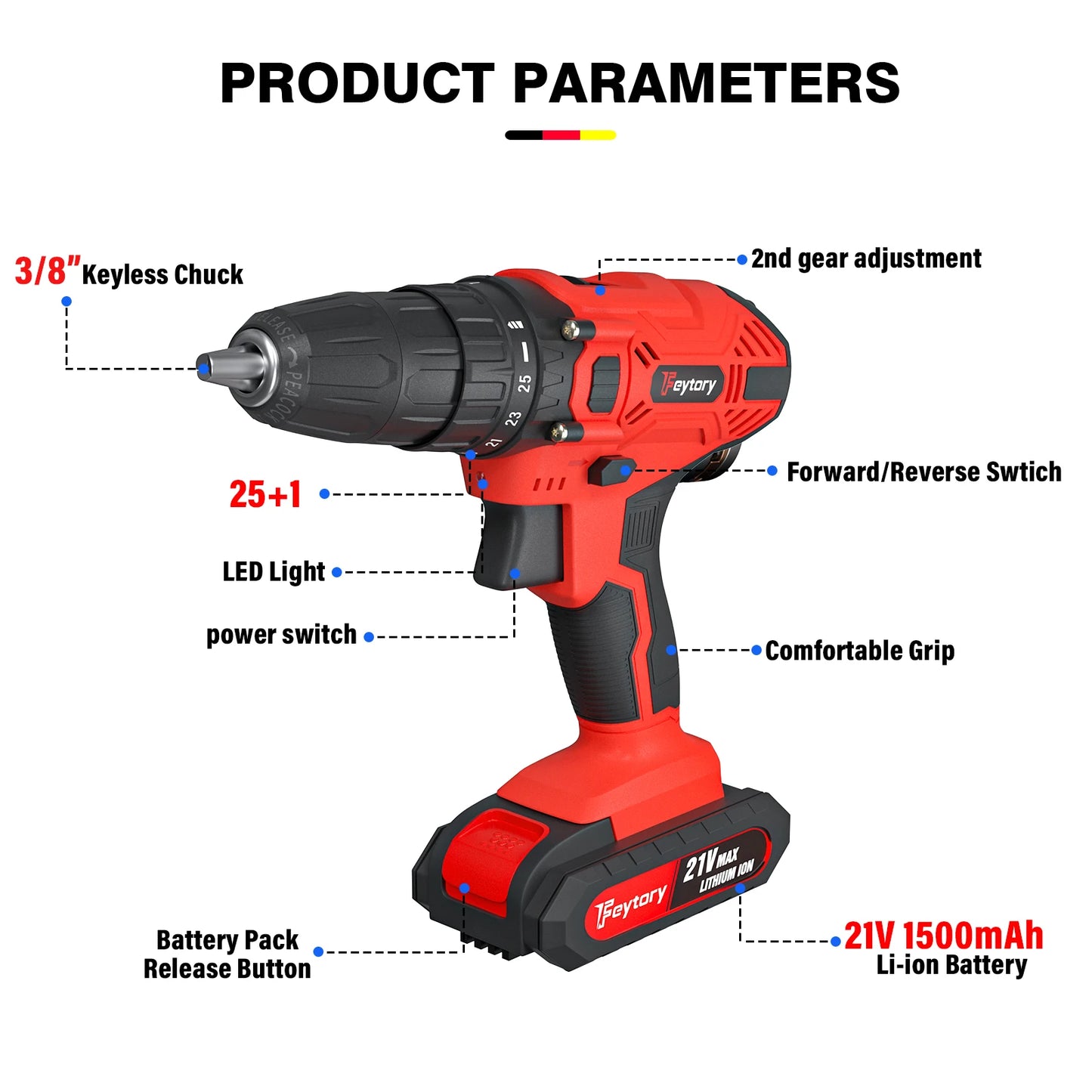 Feytory 21V Cordless Power Drill with 1500mAh Battery Electric Drill Driver 25+1 Torque 45Nm Screwdriver Kit Combi Drill 3/8"