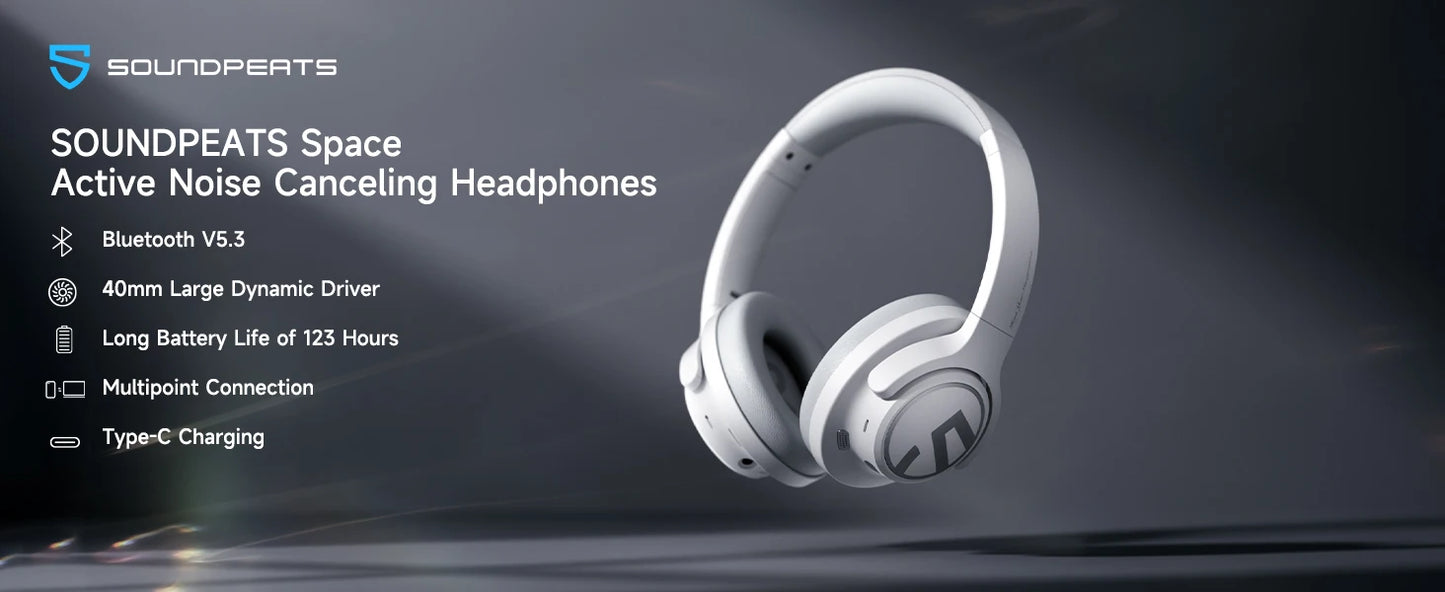 SoundPEATS Space Headphones Bluetooth 5.3 Hybrid Active Noise Cancelling Wireless Headphone,123H Play,Mic,Multipoint Connection