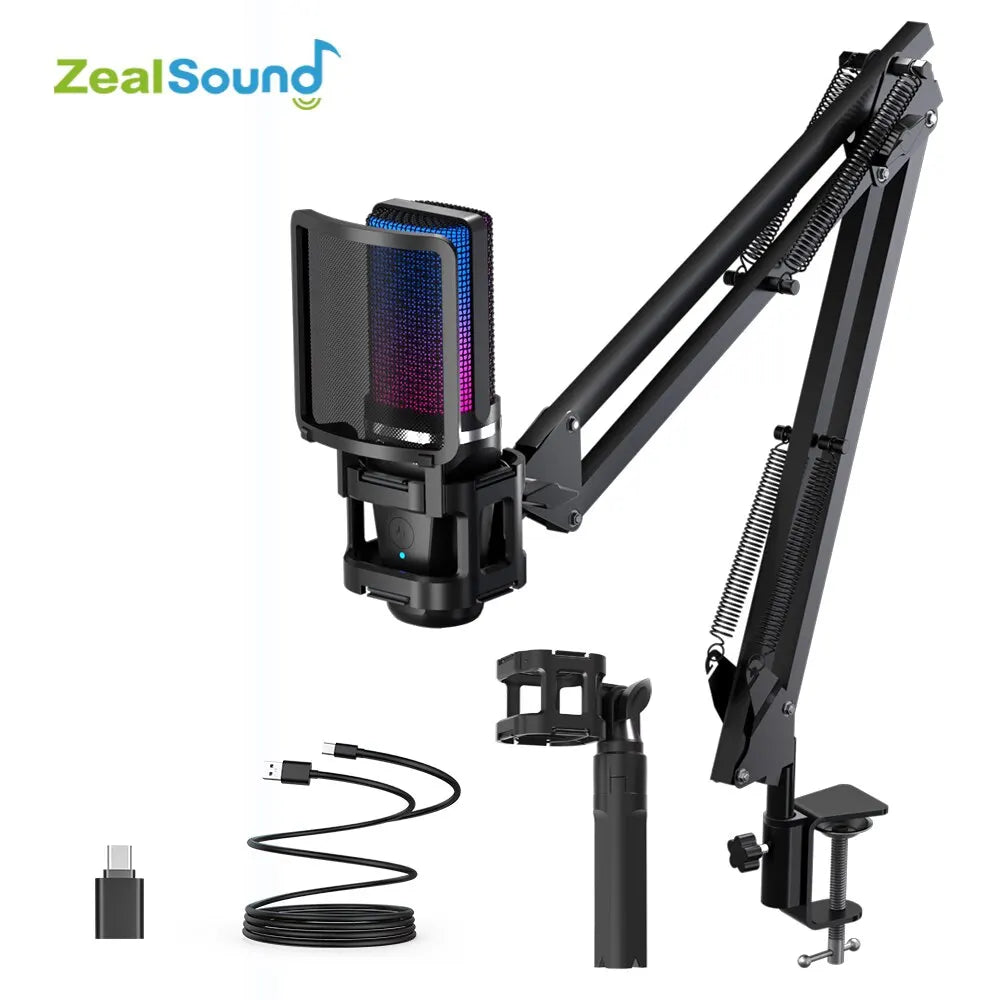 RGB Recording Microphone With Articulated Arm/USB Condenser Mic with Tripod For Gaming Podcasting Streaming YouTube