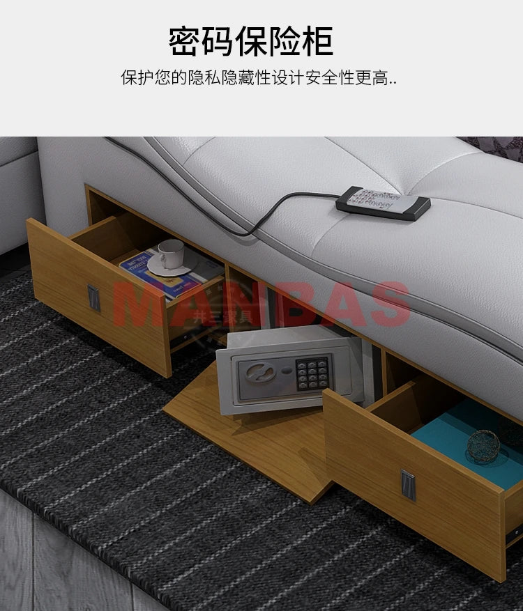 Genuine Leather Tech Smart Bed Multifunctional Beds Frame Ultimate Tatami Lit Massage Camas with Bluetooth,Speaker,Projector,Min