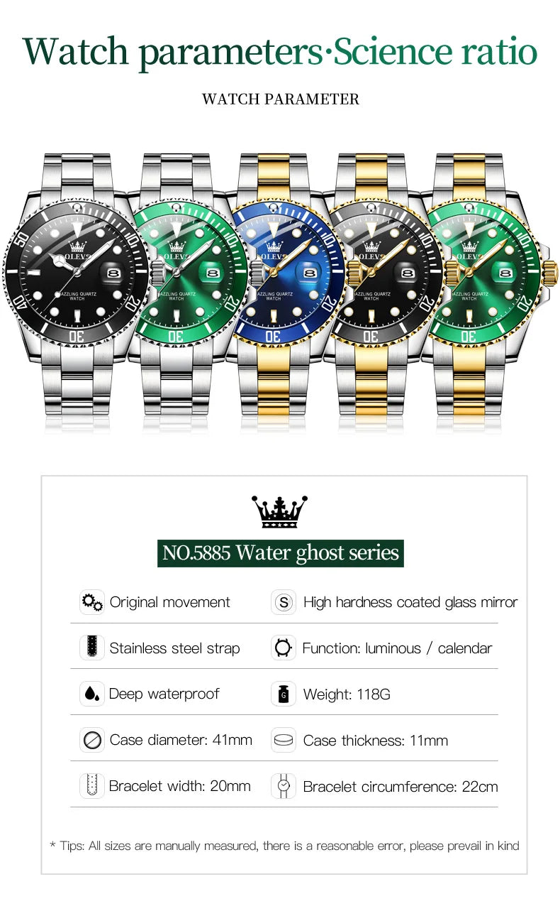 OLEVS Top Original Men Quartz Watch Green Waterproof Watch for Men Stainless Steel Quartz Men Luxury Watch Luminous Wristwatch