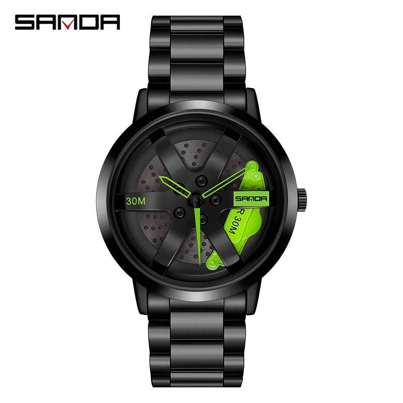 SANDA 1075 Montre-bracelet de voiture tendance pour hommes, cadran rotatif à 360 degrés, en cuir inoxydable, étanche, horloge à quartz de sport