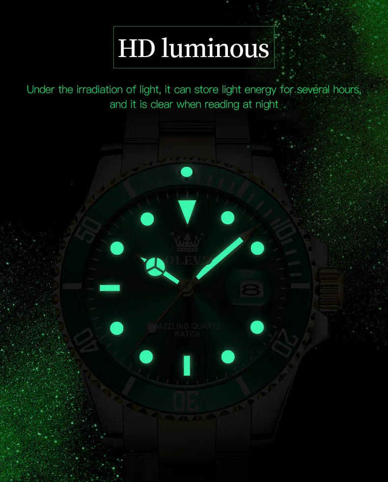 OLEVS Top Original Men Quartz Watch Green Waterproof Watch for Men Stainless Steel Quartz Men Luxury Watch Luminous Wristwatch